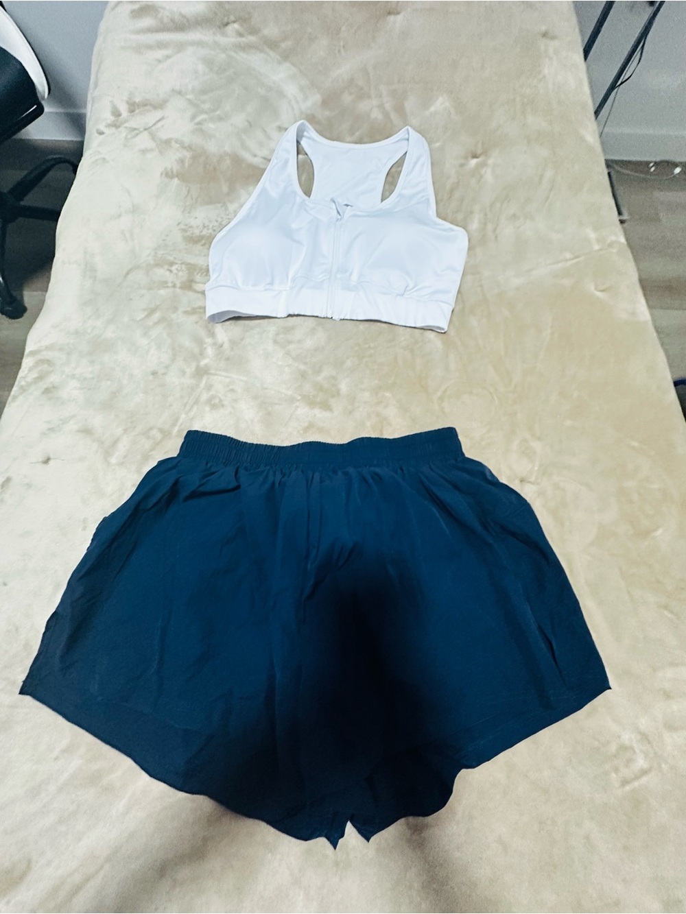 SHEIN White Sports Bra and Navy Athletic Shorts Set